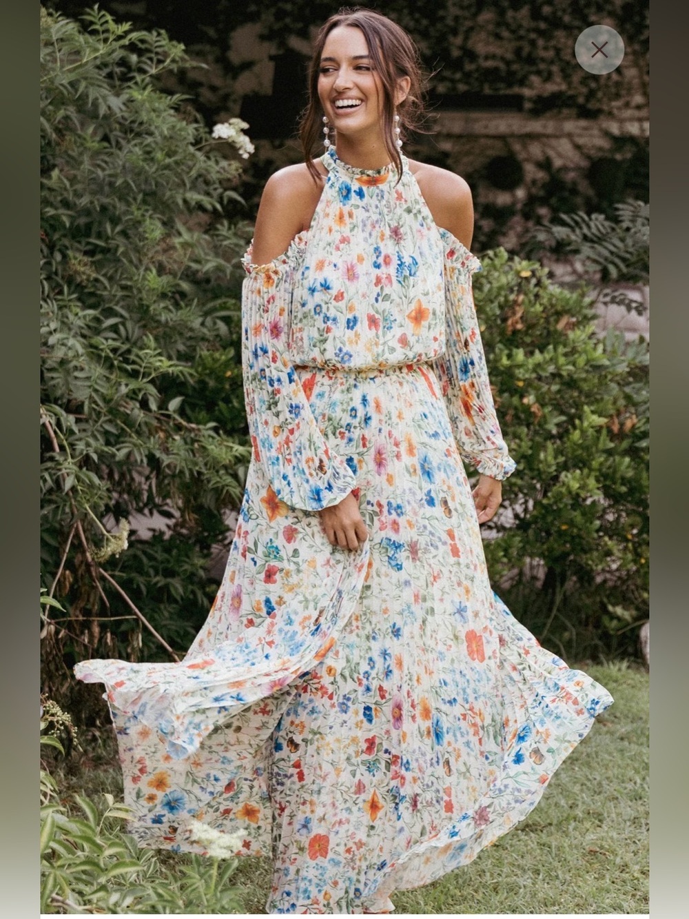 Petal & Pup Hilary Floral Cold Shoulder Pleated Maxi Dress Size Small